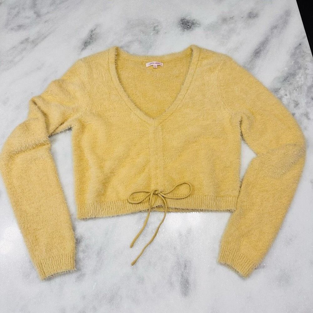 Lottie Moss Women's Long Sleeves V-Neck Faux Fur Sweater Top Cream Size L